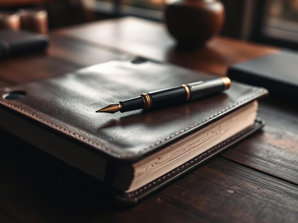 A leather notebook open on a desk — a year of writing through the question.